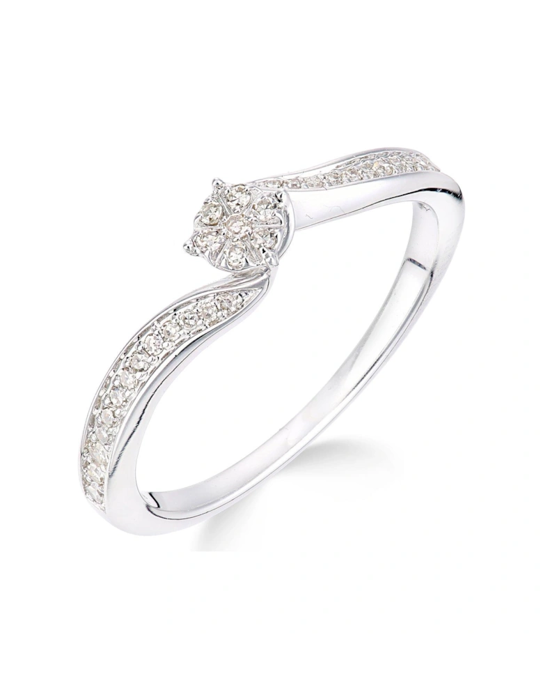 9ct White Gold 15 Point Diamond Cluster Tapered Shoulder Ring