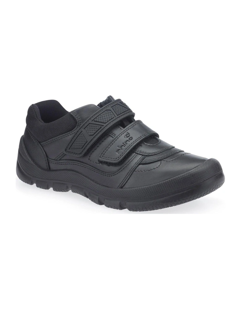 Rhino Warrior Black Leather Double Rip Tape Durable Boys School Shoes