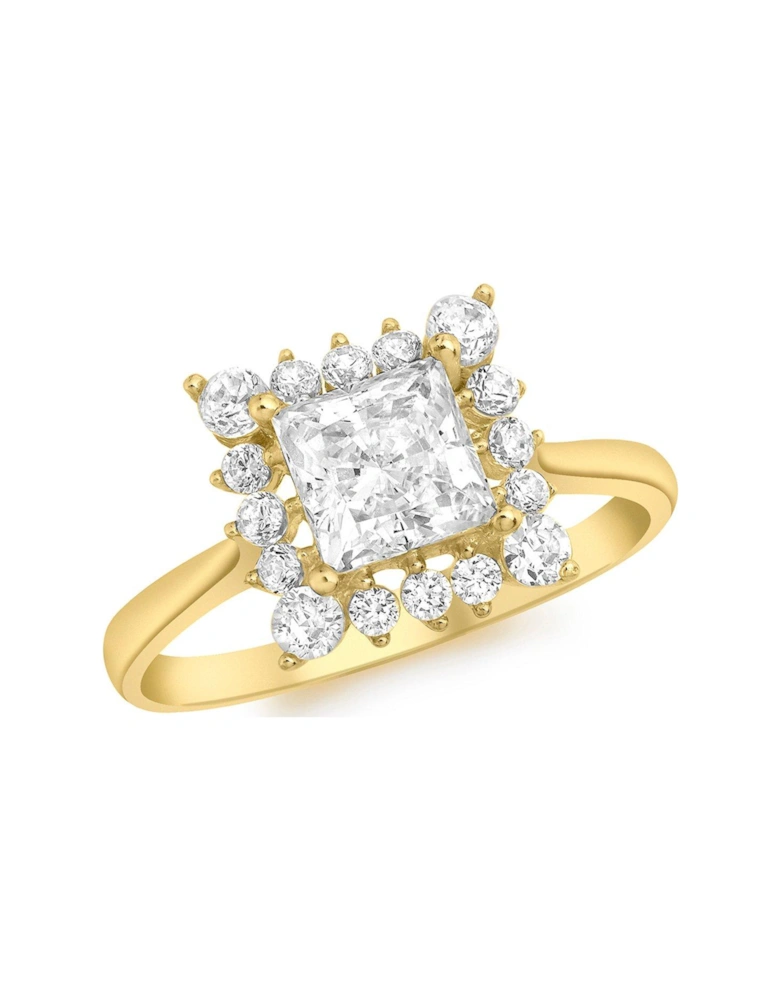 9ct Gold Cubic Zirconia Square Halo Solitaire Ring