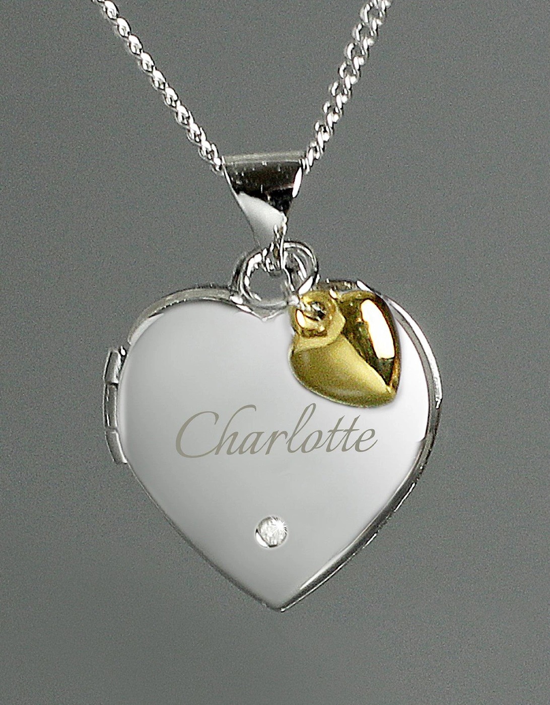 Personalised Sterling Silver Diamond Set Heart Locket Necklace with 9ct Gold Heart Charm, 2 of 1