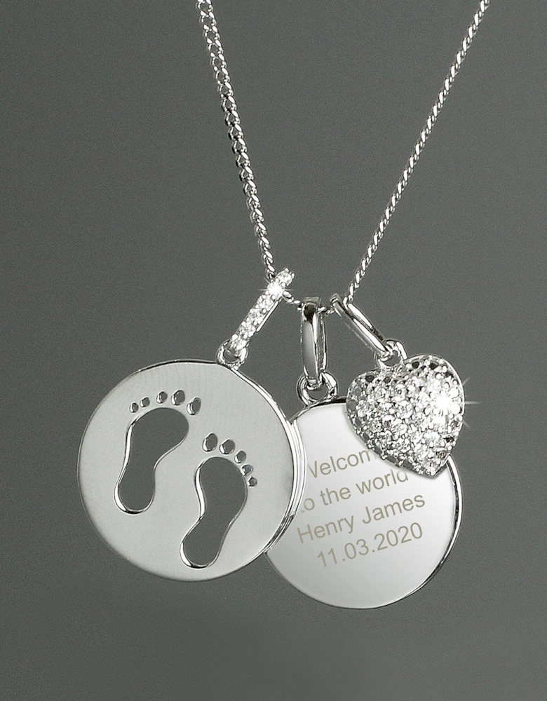 Personalised Sterling Silver Footprints and Cubic Zirconia Heart Charm Necklace