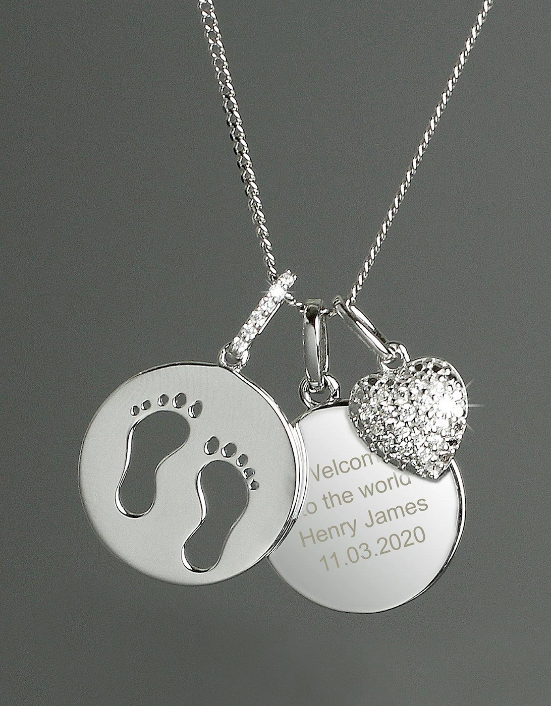 Personalised Sterling Silver Footprints and Cubic Zirconia Heart Charm Necklace, 2 of 1