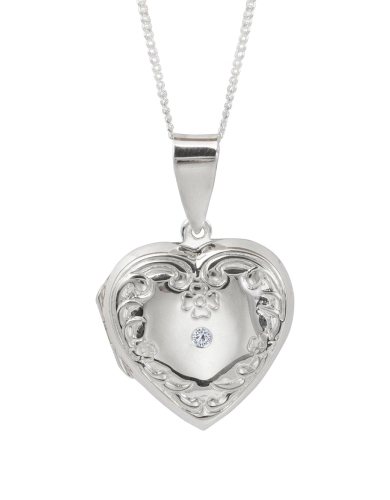 Sterling Silver Cubic Zirconia Heart Locket Pendant Necklace