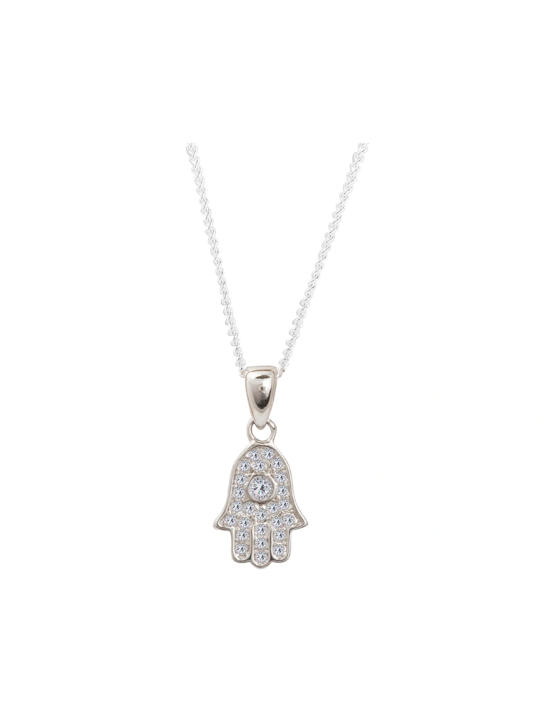 Sterling Silver Cubic Zirconia Hamsa Hand of Fatima Pendant Necklace