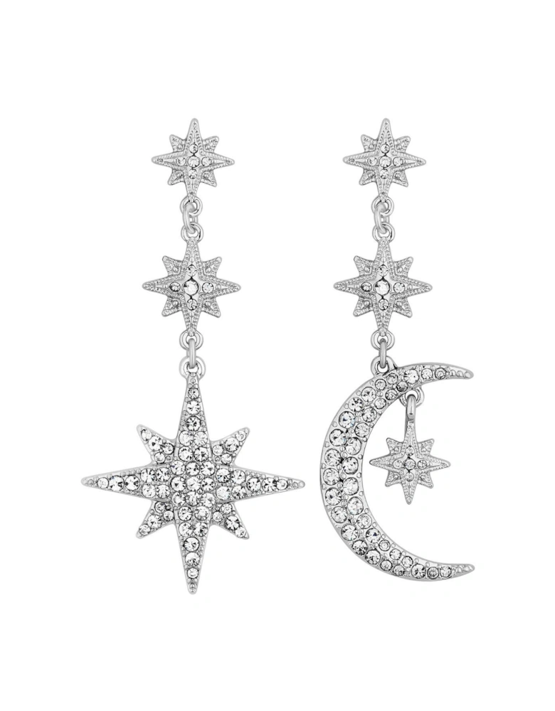 Silver Plated Crystal Celestial Star and Moon Drop Earrings