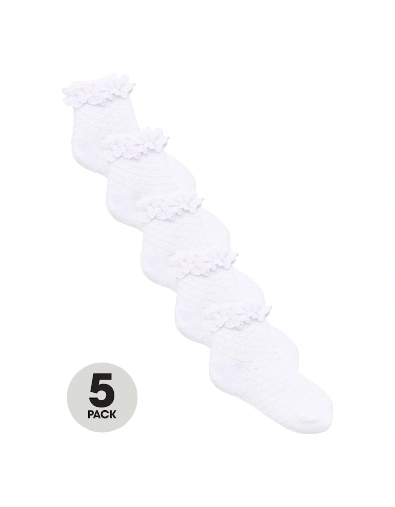 Girls 5 Pack Diamond Stitch Ruffle Frill School Ankle Socks - White