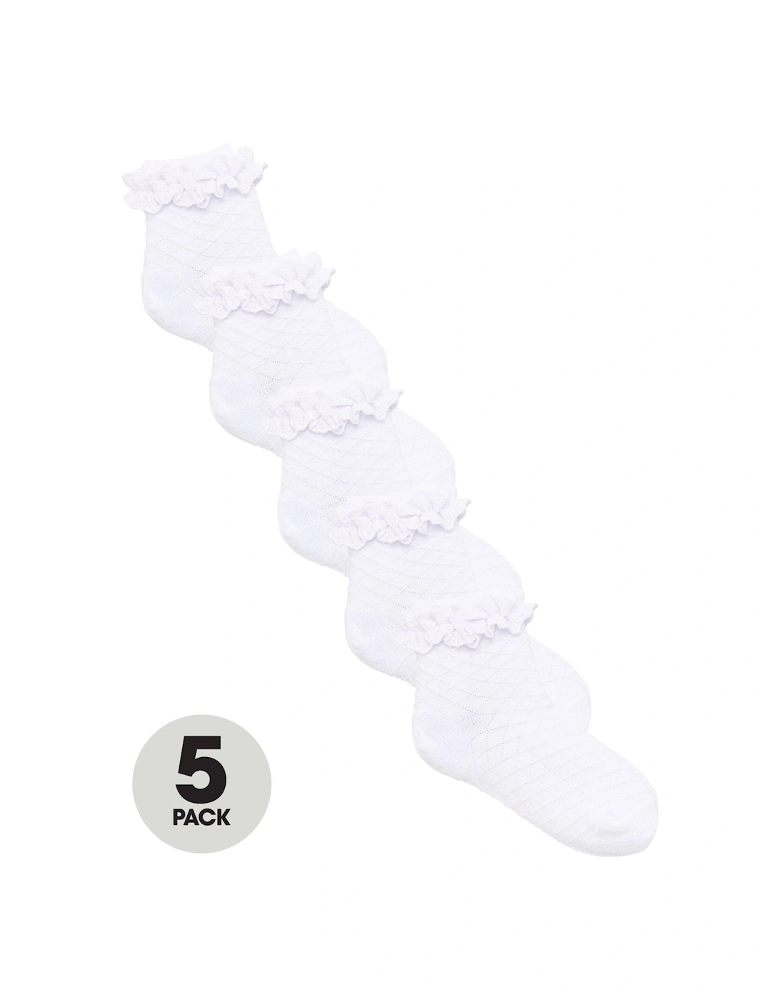 Girls 5 Pack Diamond Stitch Ruffle Frill School Ankle Socks - White, 2 of 1