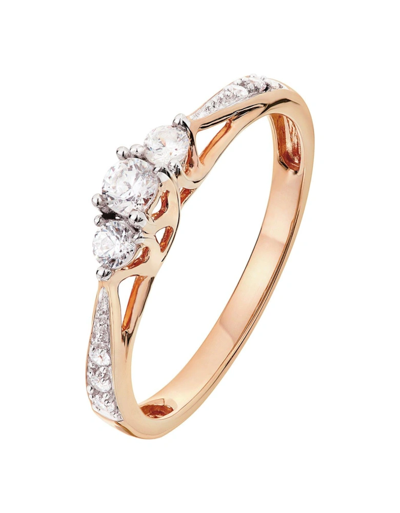 9ct Rose Gold 0.25ct Three-Stone Diamond Ring With Heart Detail On Shank