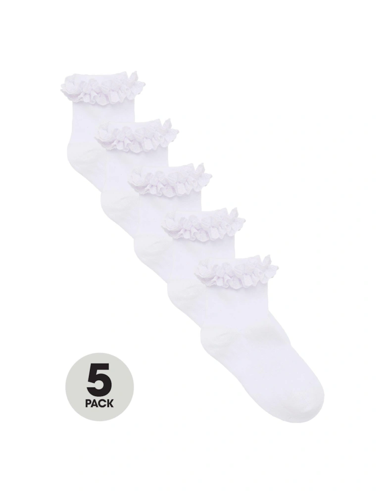 Girls 5 Pack Multi Occasion Ruffle Frill Socks - White