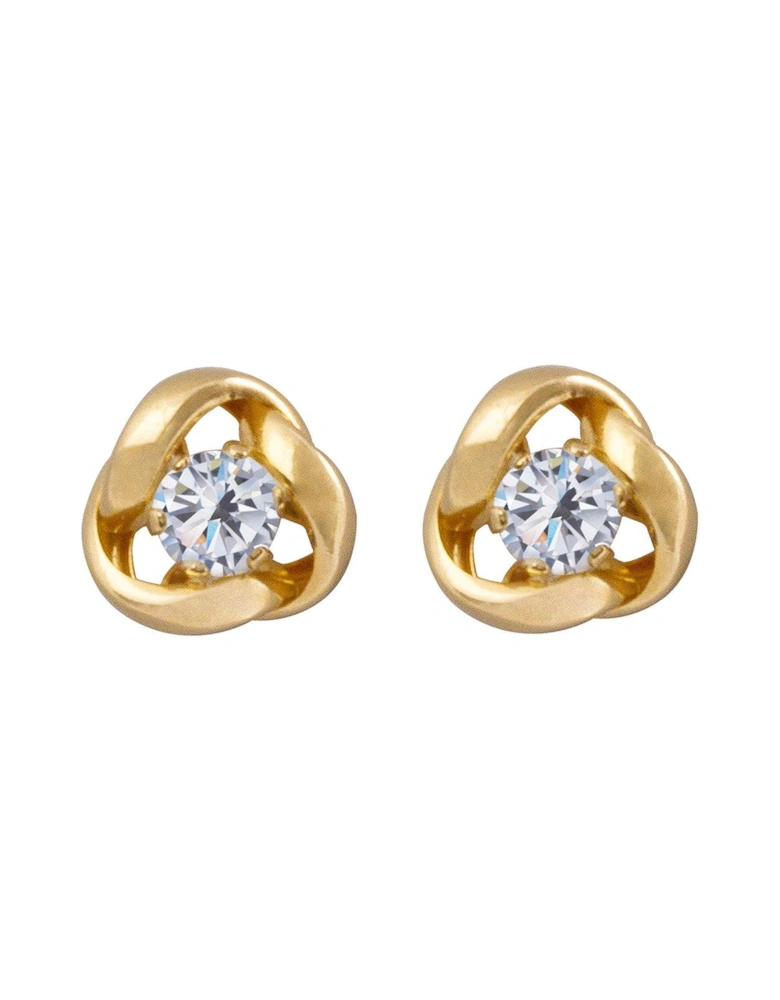 9ct Gold 6.5mm three-way knot studs with 3mm Cubic Zirconia