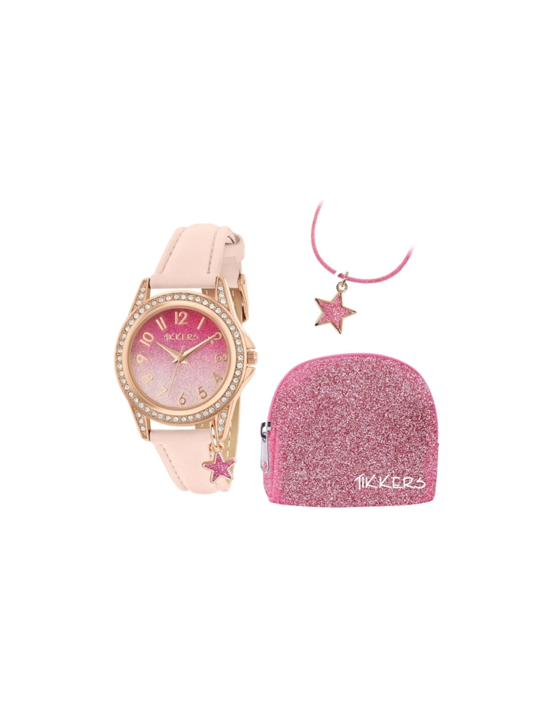 Pink Glitter Dial Pink Leather Strap Watch with Purse and Necklace Kids Gift Set