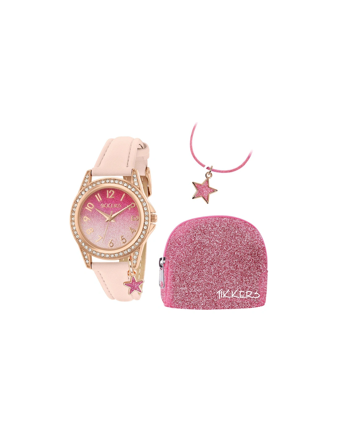Pink Glitter Dial Pink Leather Strap Watch with Purse and Necklace Kids Gift Set, 2 of 1