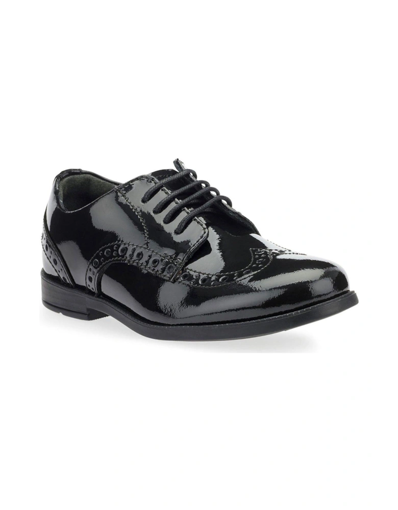 Girls Brogue Pri Patent Leather Lace Up School Shoes - Black Patent