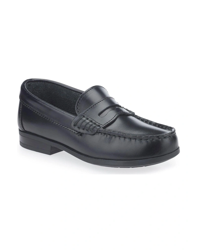 Girls Penny Black Leather Loafer Slip On School Shoes - Black