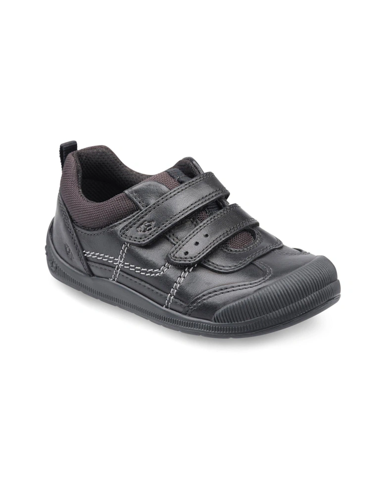 Boys Tickle Leather Riptape Durable First School Shoes - Black