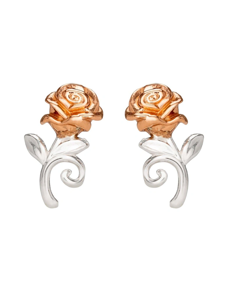 Beauty and The Beast Rose Gold Plated Sterling Silver Rose Stud Earrings