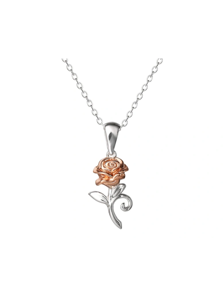 Beauty and The Beast Rose Gold Plated Sterling Silver Rose Pendant Necklace