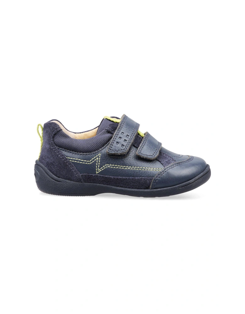 Zigzag Soft Leather Double Riptape Boys First Shoes - Navy Blue