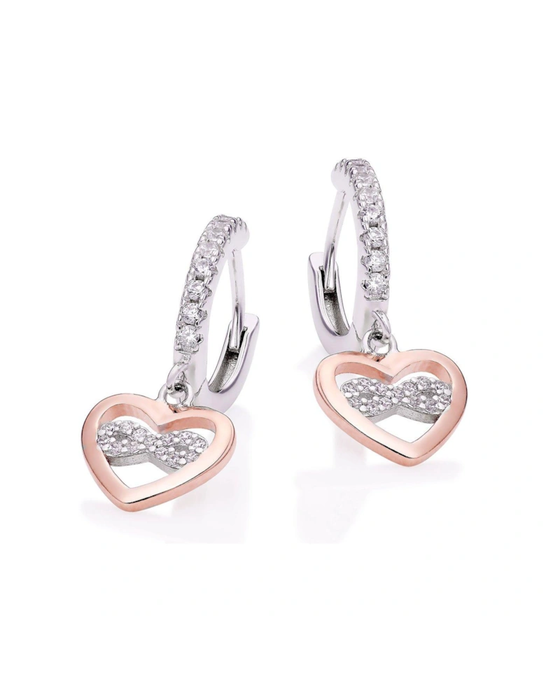 Silver Rose Gold Plated Cubic Zirconia Heart Charm Hoop Earrings