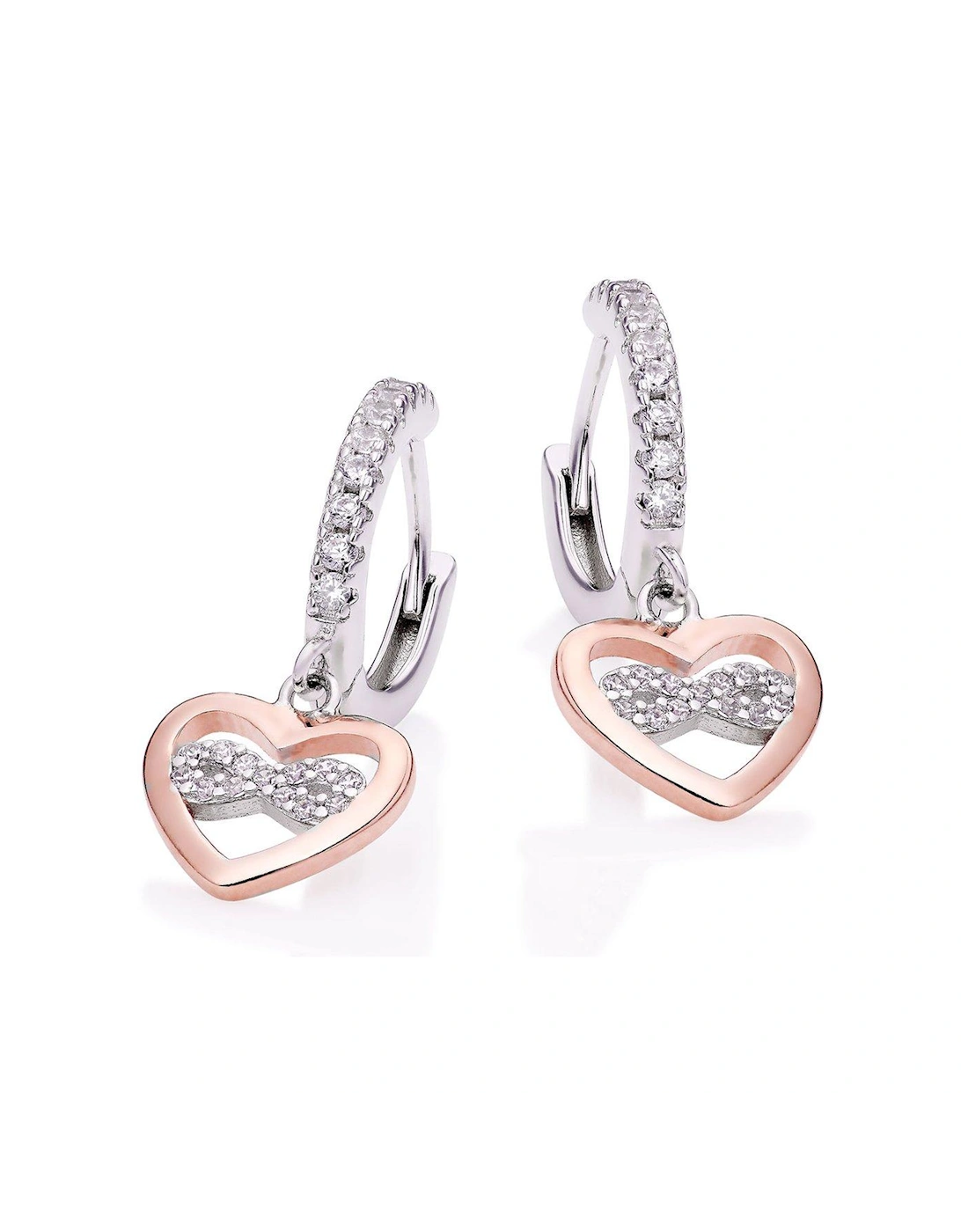 Silver Rose Gold Plated Cubic Zirconia Heart Charm Hoop Earrings, 2 of 1