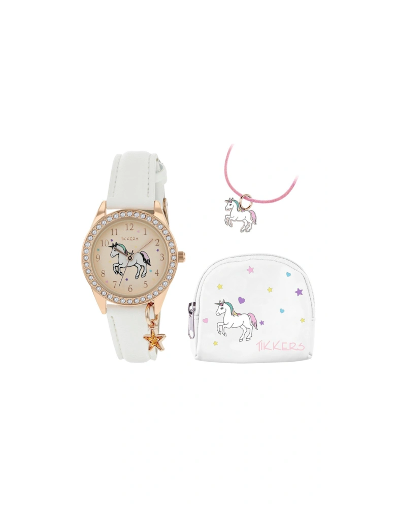 Gold Unicorn Dial White Leather Strap Watch with Purse and Necklace Kids Gift Set
