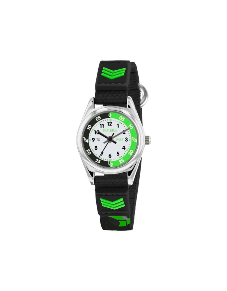 White, Black and Green Time Teller Dial Black Fabris Velco Strap Kids Watch