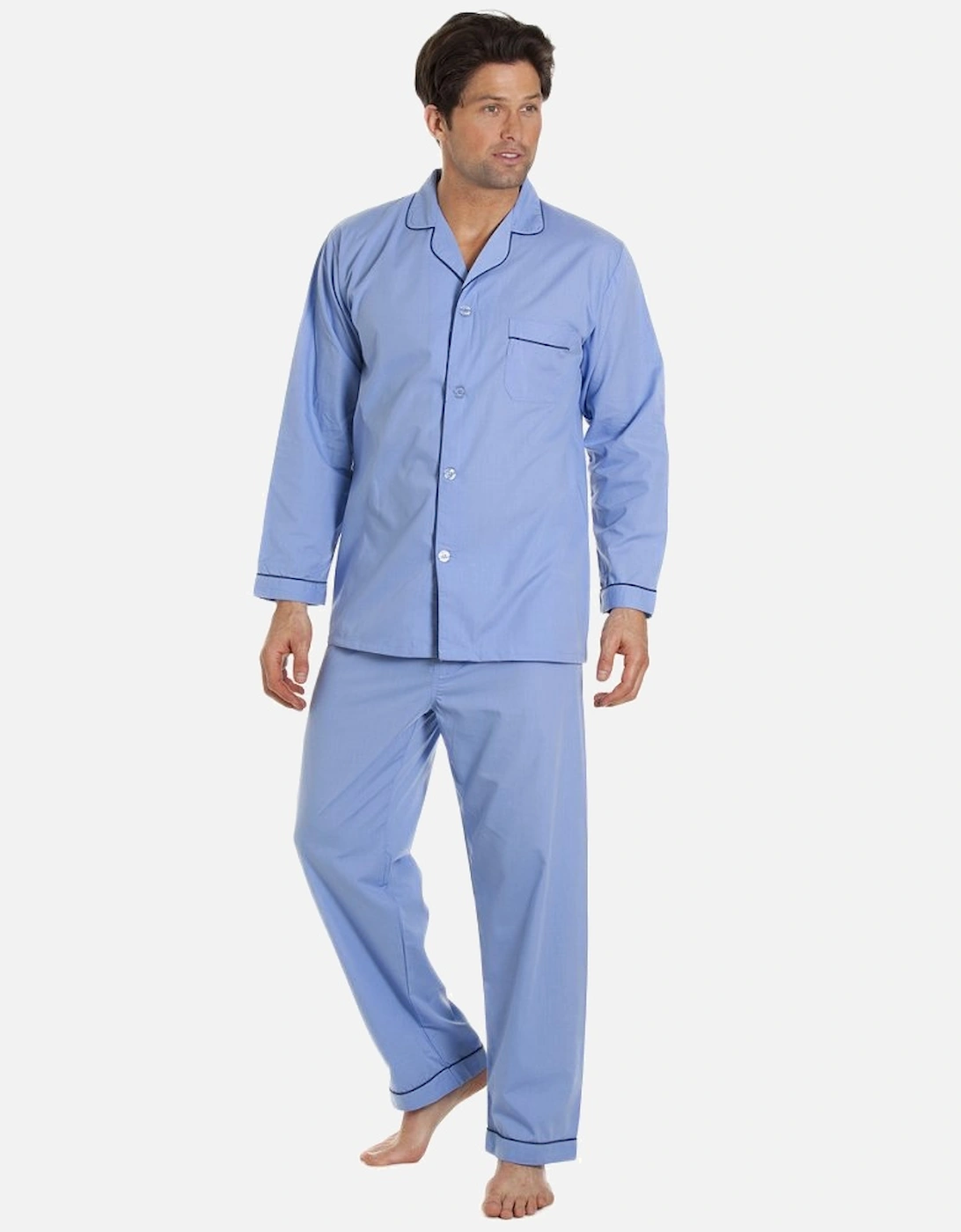 Mens Classic Style Blue Full Length Cotton Blend Pyjama Set, 3 of 2