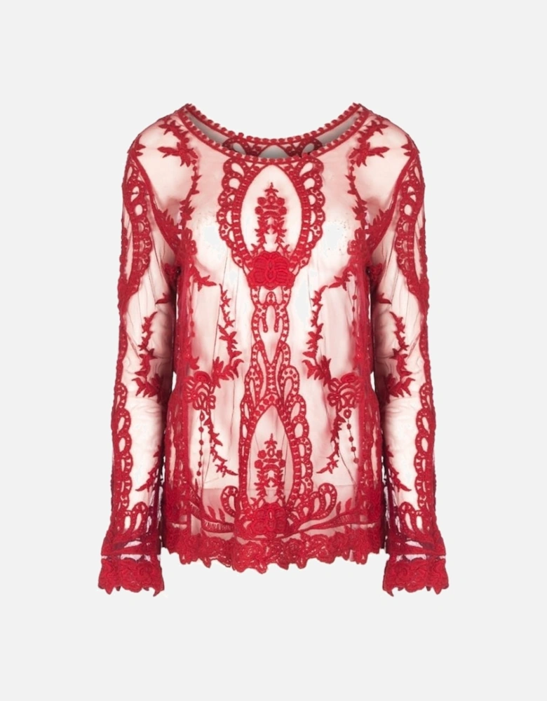 Red Vintage Inspired Lace Long Sleeved Top