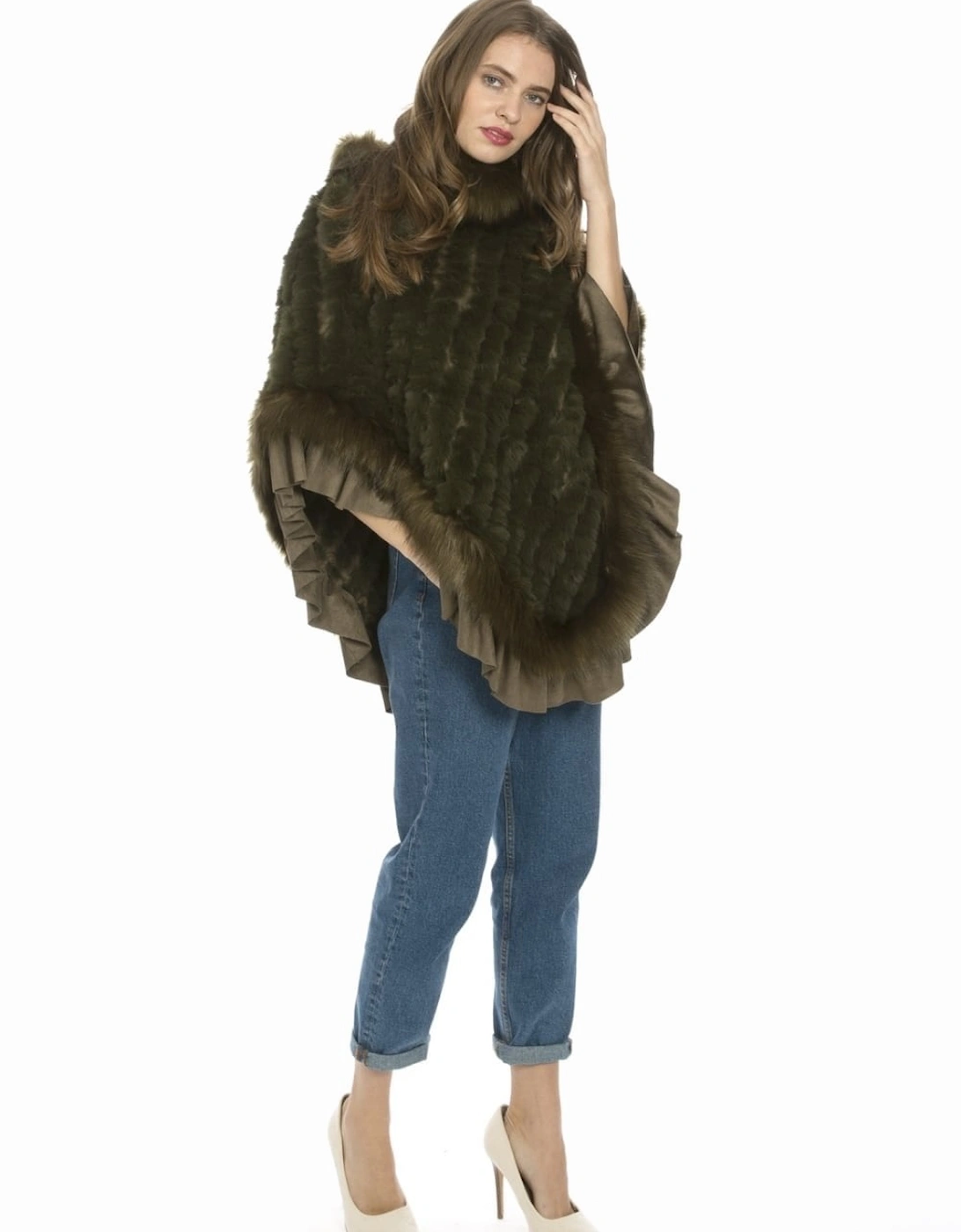 Green Faux Fur Knitted Faux Suede Poncho, 4 of 3