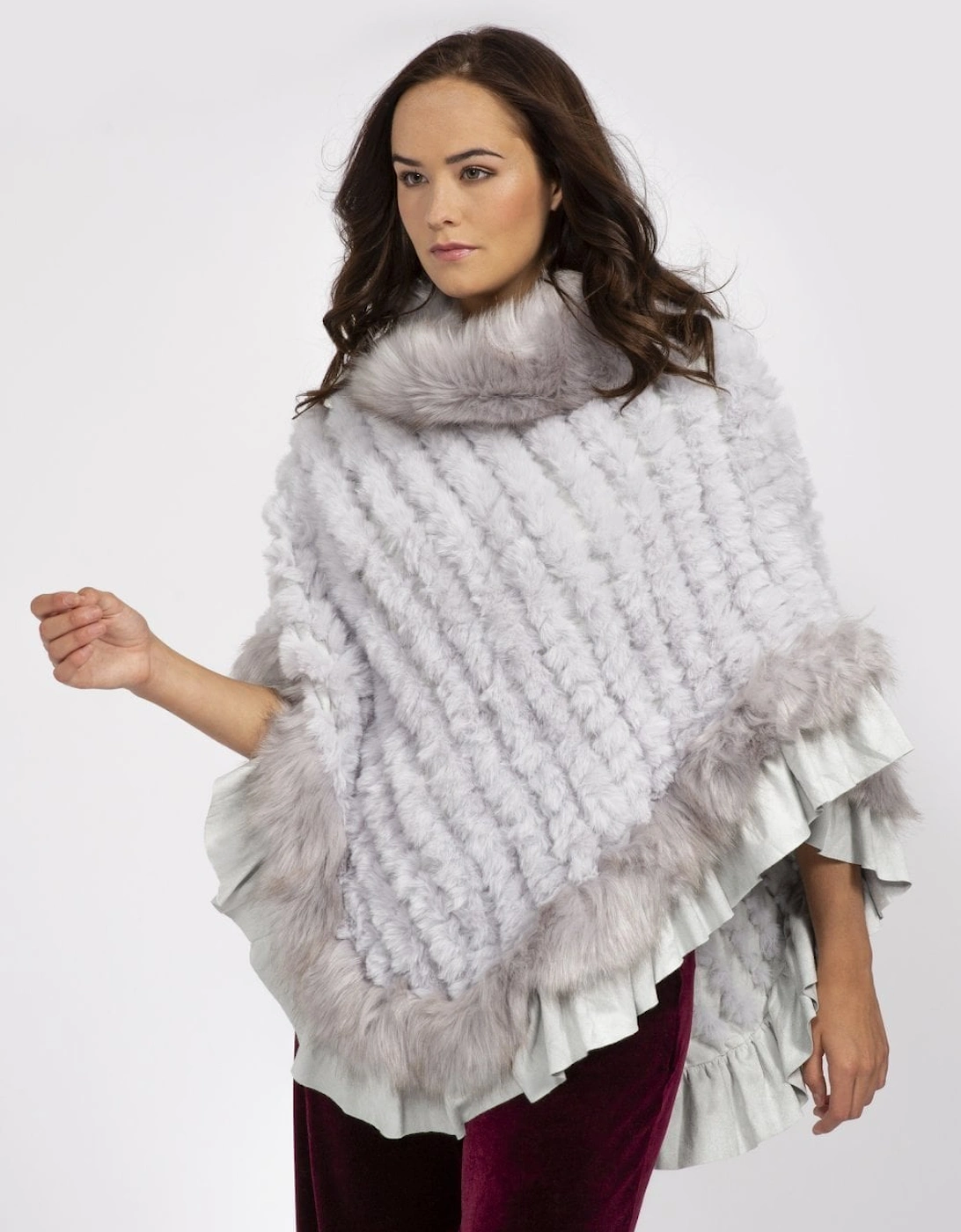 Grey Faux Fur Knitted Faux Suede Poncho