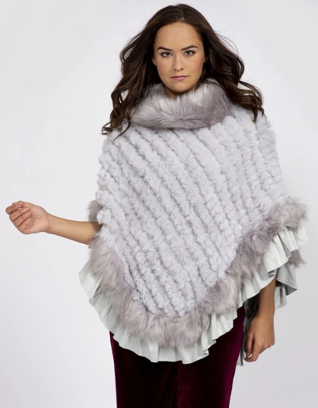 Grey Faux Fur Knitted Faux Suede Poncho