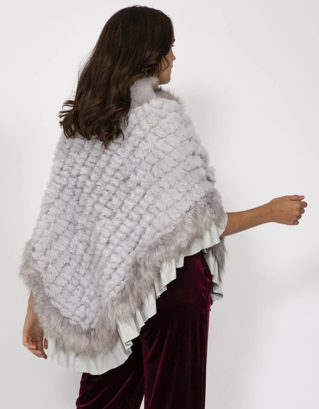 Grey Faux Fur Knitted Faux Suede Poncho