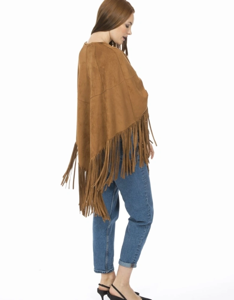 Mocha Faux Suede Tassel Cape With Pockets