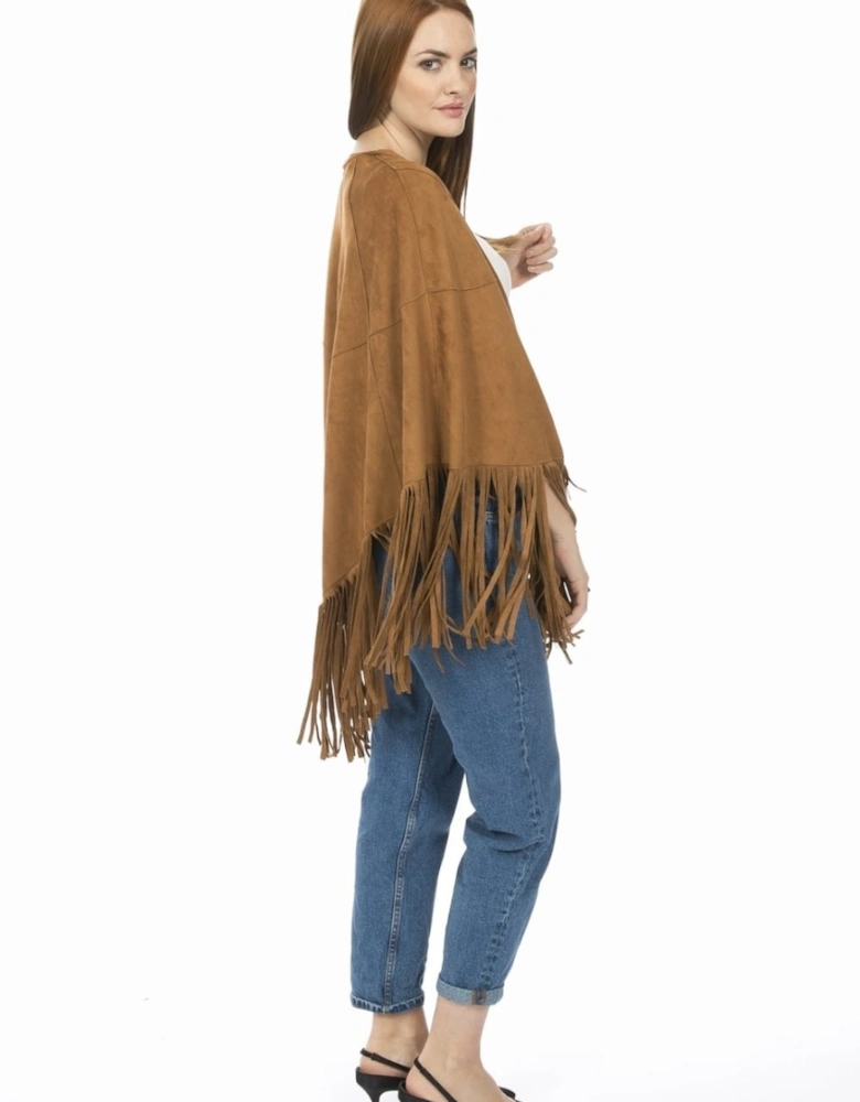 Mocha Faux Suede Tassel Cape With Pockets