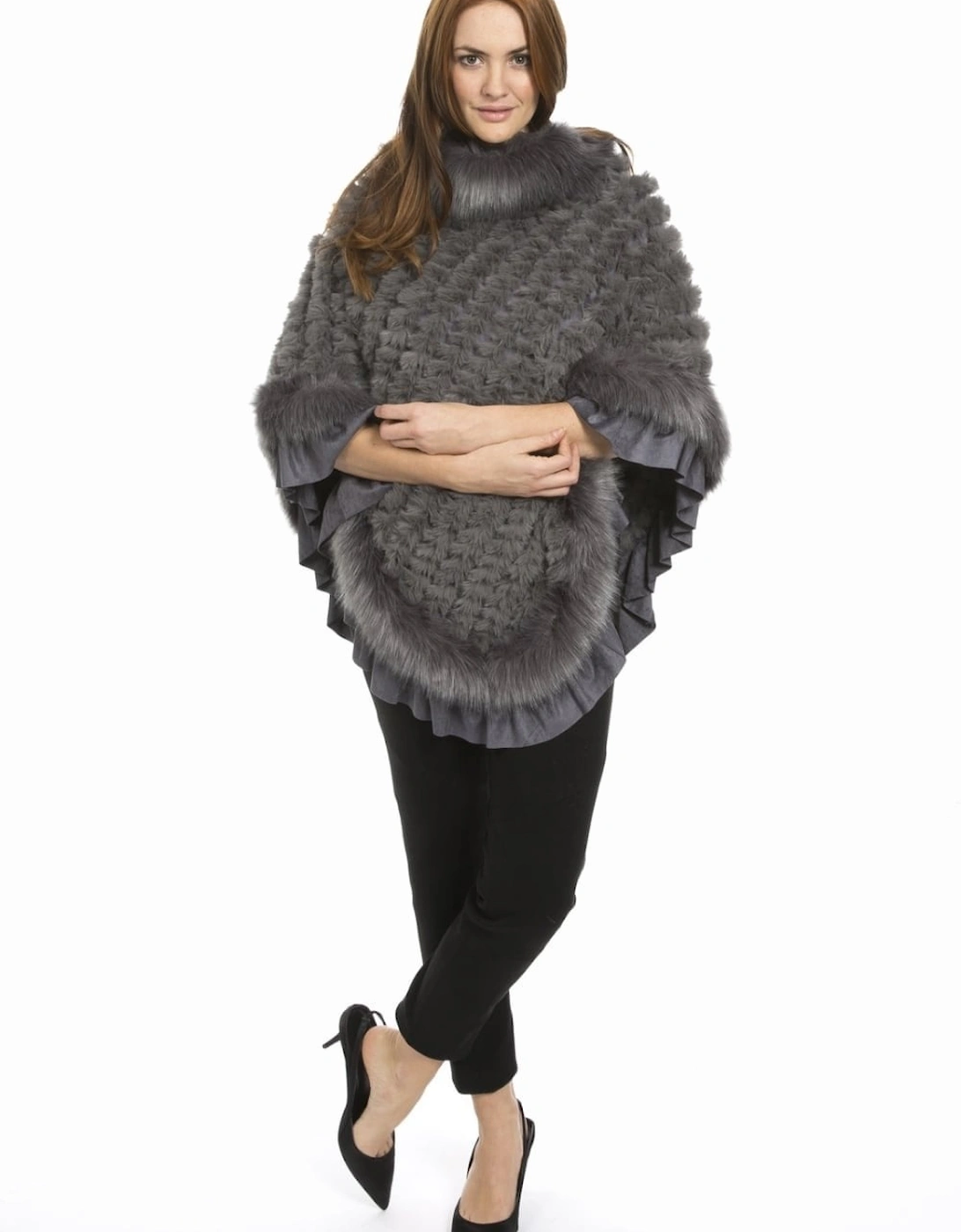 Grey Faux Fur Knitted Faux Suede Poncho, 4 of 3