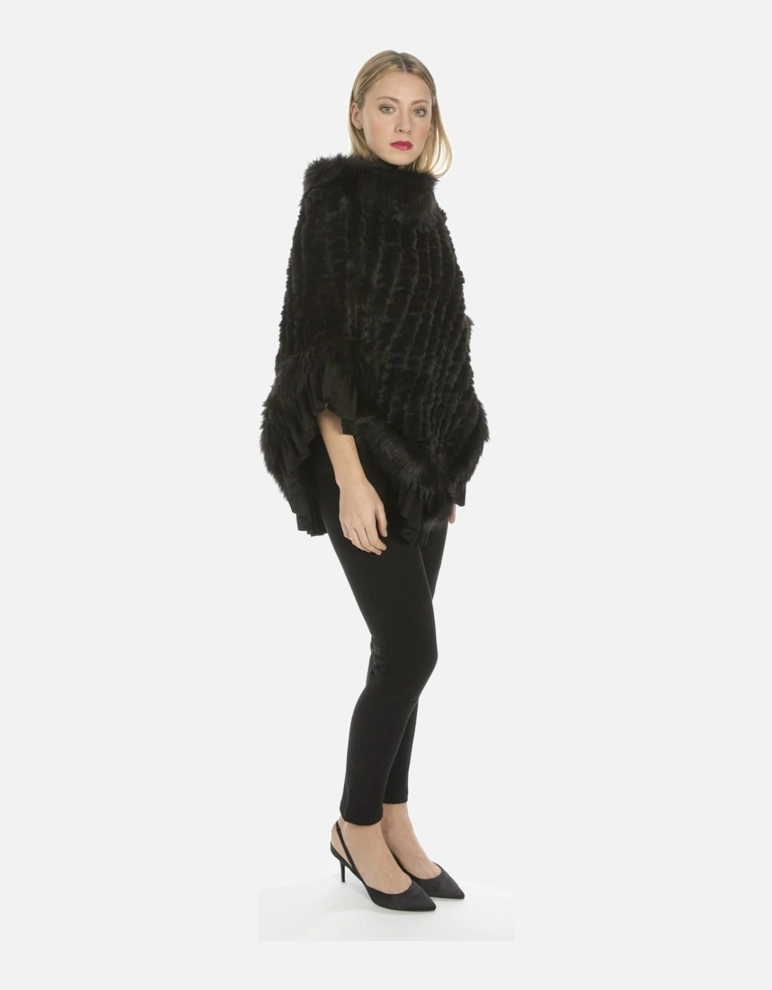 Black Faux Fur Knitted Faux Suede Poncho