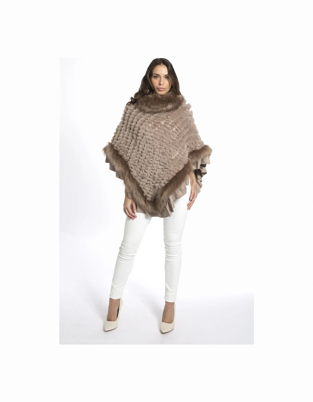 Mocha Faux Fur Knitted Faux Suede Poncho, 5 of 4