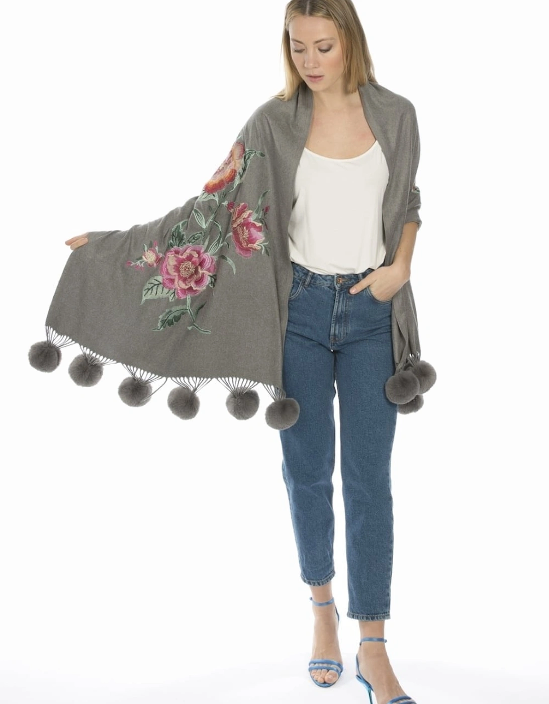 Grey Cashmere Blend Embroidery Wrap