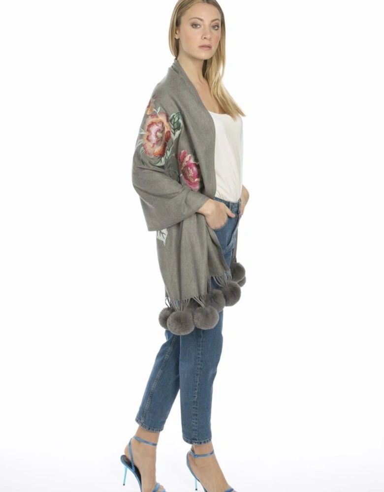 Grey Cashmere Blend Embroidery Wrap