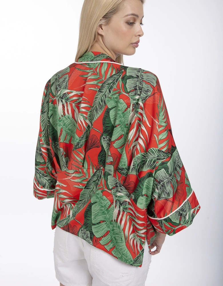 Red Silk Blend Palm Print Jacket