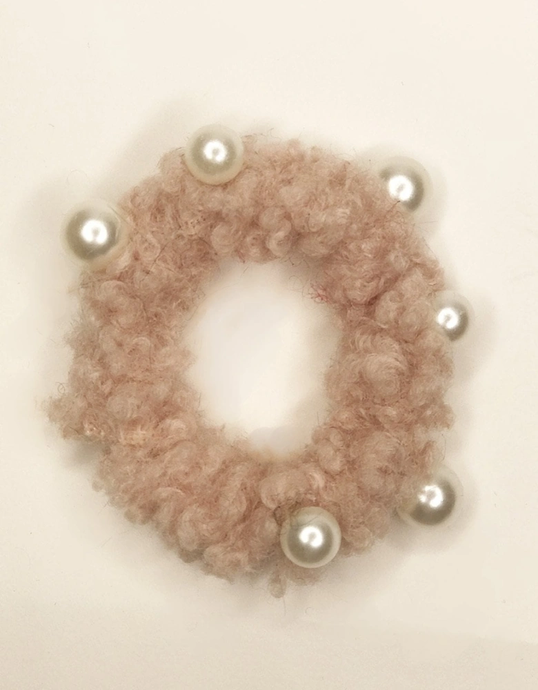 Pink Faux Shearling Scrunchie with Pearls