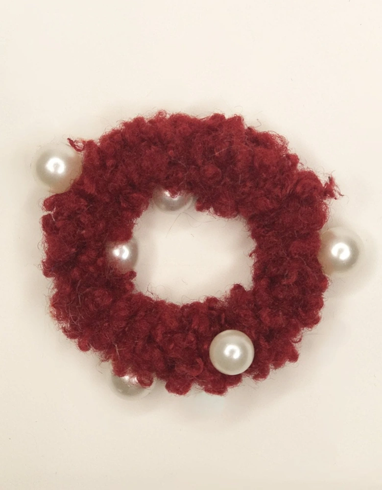 Red Faux Shearling Scrunchie with Pearls
