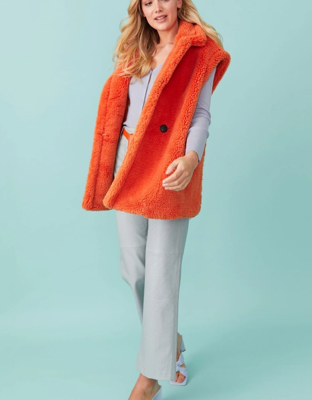 Orange Faux Shearling Midi Gilet