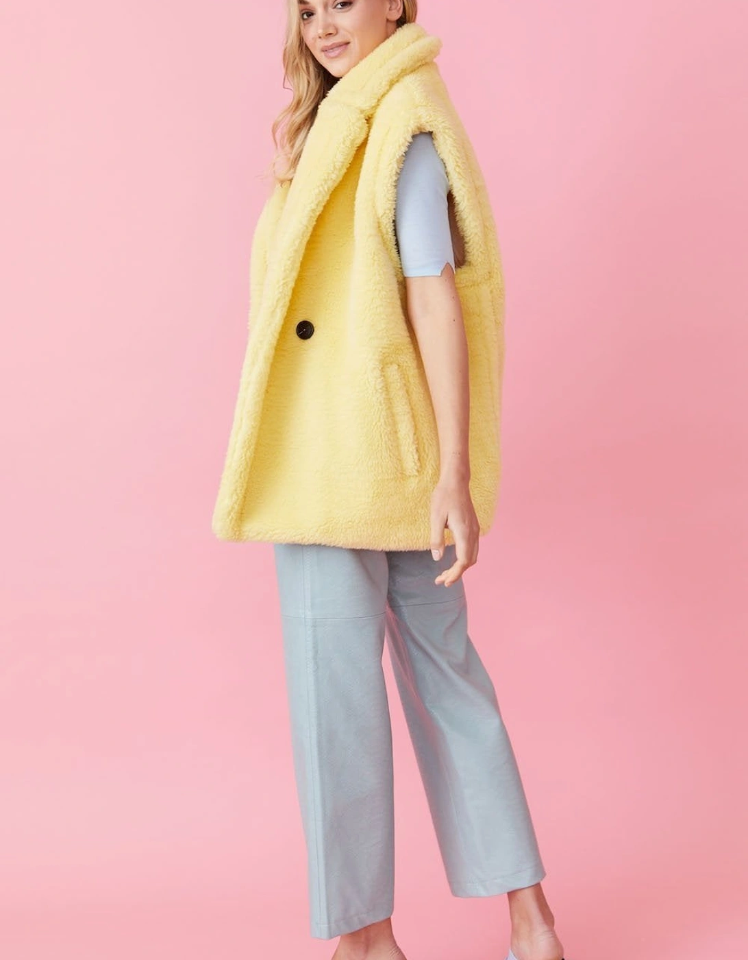 Yellow Faux Shearling Midi Gilet