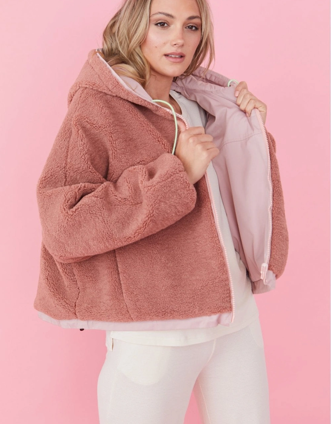 Pink Faux Shearling Reversible Hoodie Bomber Jacket, 10 of 9