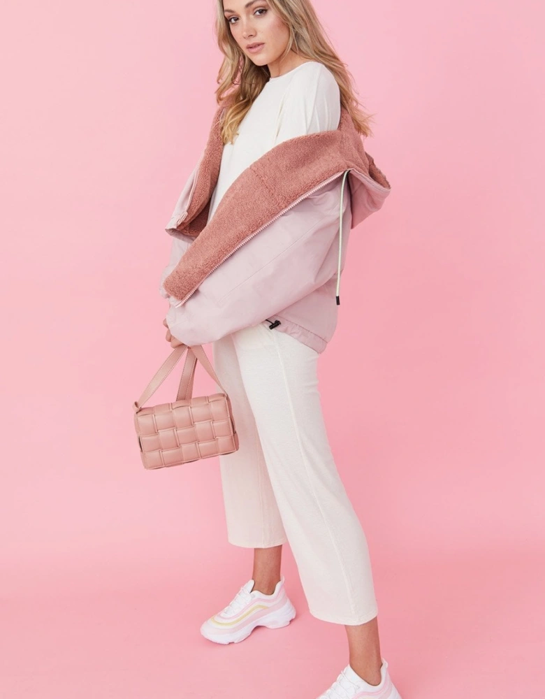 Pink Faux Shearling Reversible Hoodie Bomber Jacket