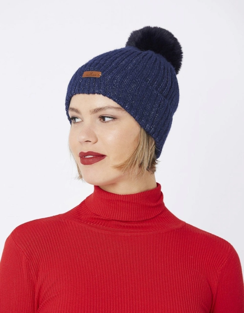 Navy Wool Faux Fur Pom Pom Hat