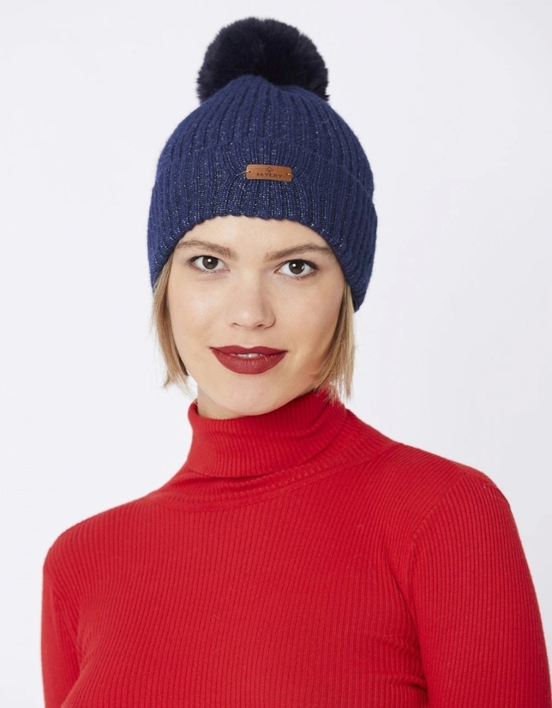 Navy Wool Faux Fur Pom Pom Hat