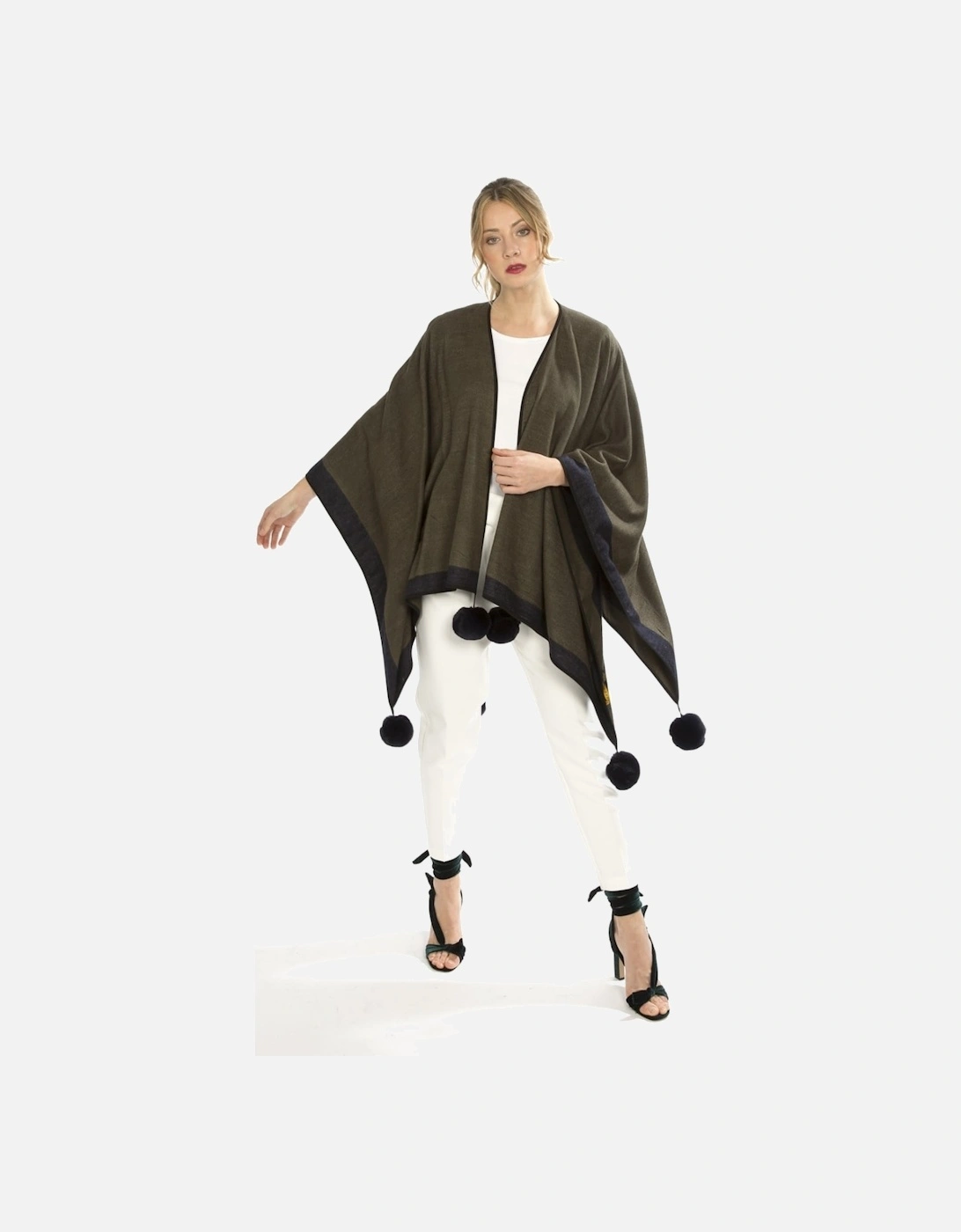 Green Reversible Cashmere Wrap Cape with Faux Fur Poms, 4 of 3