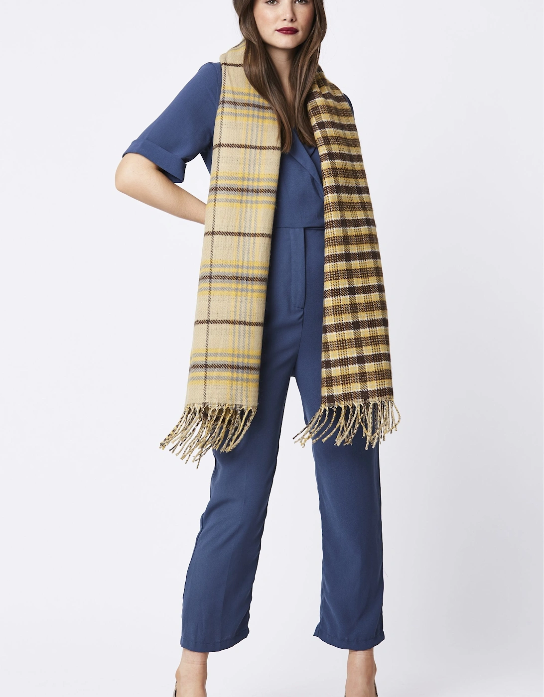 Yellow Cashmere Blend Reversible Check Print Wrap